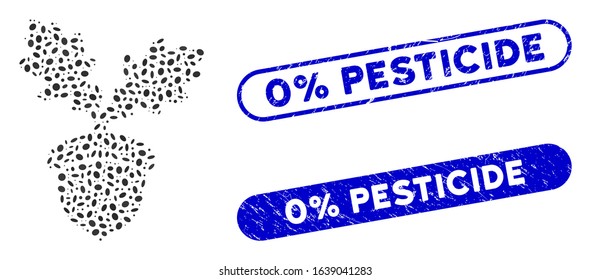 Mosaic oak acorn and grunge stamp seals with 0% Pesticide text. Mosaic vector oak acorn is created with scattered elliptic spots. 0% Pesticide stamp seals use blue color,