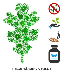 Mosaic oak leaf constructed from flu virus elements in random sizes and color hues. Vector infection icons are combined into abstract mosaic oak leaf icon. Some bonus icons are added.