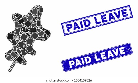 Mosaic oak leaf icon and rectangle Paid Leave seals. Flat vector oak leaf mosaic icon of scattered rotated rectangle elements. Blue Paid Leave rubber seals with scratched texture.