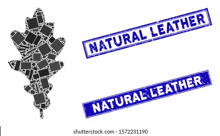 Mosaic oak leaf icon and rectangular Natural Leather stamps. Flat vector oak leaf mosaic icon of randomized rotated rectangular items. Blue Natural Leather seal stamps with distress surface.