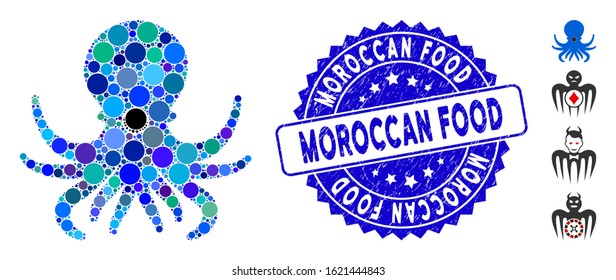 Mosaic octopus icon and corroded stamp seal with Moroccan Food phrase. Mosaic vector is formed from octopus icon and with random spheric spots. Moroccan Food stamp seal uses blue color,