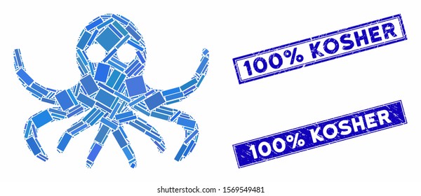 Mosaic octopus icon and rectangle rubber prints. Flat vector octopus mosaic icon of scattered rotated rectangle elements. Blue caption seal stamps with distress textures.