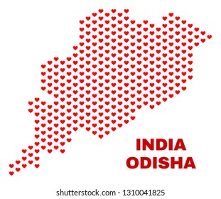 Mosaic Odisha State map of valentine hearts in red color isolated on a white background. Regular red heart pattern in shape of Odisha State map. Abstract design for Valentine illustrations.