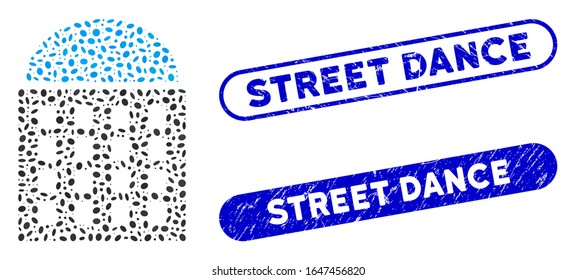 Mosaic office building and grunge stamp seals with Street Dance caption. Mosaic vector office building is designed with random elliptic elements. Street Dance stamp seals use blue color,