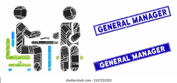 Mosaic office interview icon and rectangular seal stamps. Flat vector office interview mosaic pictogram of scattered rotated rectangular elements. Blue caption stamps with grunged textures.