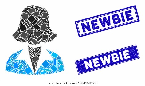 Mosaic office lady pictogram and rectangular Newbie seal stamps. Flat vector office lady mosaic pictogram of randomized rotated rectangular items. Blue Newbie rubber stamps with corroded texture.