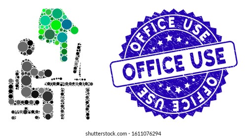 Mosaic office use icon and grunge stamp watermark with Office Use text. Mosaic vector is created with office use icon and with scattered circle spots. Office Use stamp uses blue color,