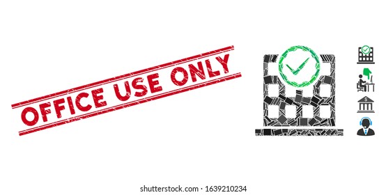 Mosaic office use only icon and red Office Use Only stamp between double parallel lines. Flat vector office use only mosaic icon of scattered rotated rectangle items.