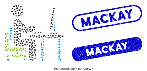 Mosaic office work and distressed stamp seals with Mackay text. Mosaic vector office work is designed with random ellipse dots. Mackay stamp seals use blue color, and have round rectangle shape.