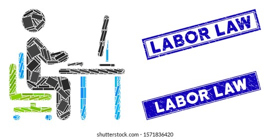 Mosaic office work icon and rectangular Labor Law seal stamps. Flat vector office work mosaic icon of random rotated rectangular items. Blue Labor Law rubber seals with rubber texture.