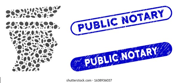 Mosaic officer head and corroded stamp watermarks with Public Notary text. Mosaic vector officer head is composed with random elliptic parts. Public Notary stamp seals use blue color,