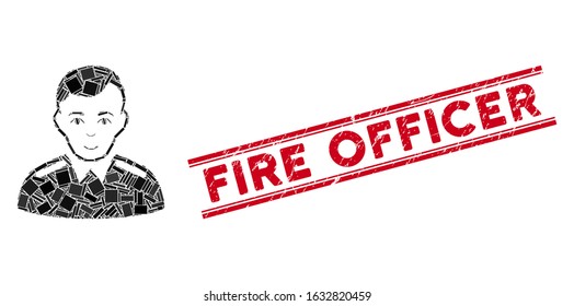 Mosaic officer pictogram and red Fire Officer rubber print between double parallel lines. Flat vector officer mosaic pictogram of scattered rotated rectangle items.