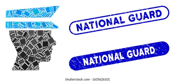 Mosaic officer profile and grunge stamp seals with National Guard text. Mosaic vector officer profile is designed with random rectangle items. National Guard stamp seals use blue color,