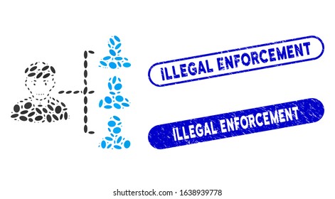 Mosaic officer subordinates and distressed stamp watermarks with Illegal Enforcement phrase. Mosaic vector officer subordinates is composed with randomized oval parts.