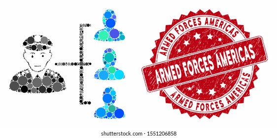 Mosaic officer subordinates and grunge stamp seal with Armed Forces Americas caption. Mosaic vector is designed with officer subordinates icon and with random spheric spots.