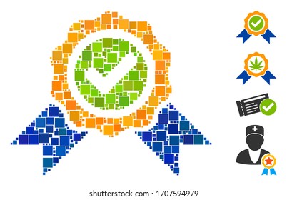Mosaic Official icon organized from square elements in random sizes and color hues. Vector square elements are organized into abstract illustration official icon. Bonus icons are added.
