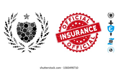 Mosaic official insurance shield icon and rubber stamp seal with Official Insurance text. Mosaic vector is designed with official insurance shield pictogram and with random spheric spots.
