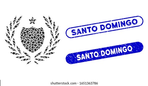 Mosaic official insurance shield and rubber stamp watermarks with Santo Domingo text. Mosaic vector official insurance shield is composed with scattered elliptic items.