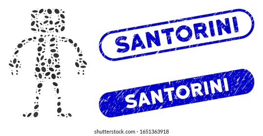 Mosaic official robot and grunge stamp seals with Santorini caption. Mosaic vector official robot is composed with randomized elliptic dots. Santorini stamp seals use blue color,