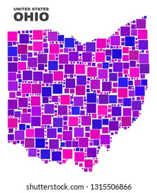 Mosaic Ohio State map isolated on a white background. Vector geographic abstraction in pink and violet colors. Mosaic of Ohio State map combined of random square elements.