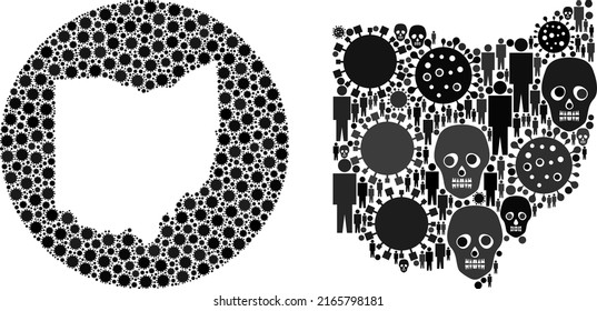 Mosaic Ohio State Map United From Flu Virus Elements And People And Skull Elements. Sick Virus Ohio State Map Mosaic Created With Sphere And Stencil. Mosaics Created For Isolation Promotion.