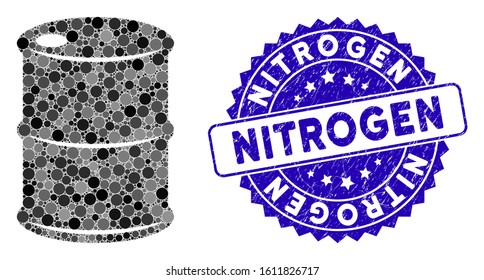 Mosaic oil barrel icon and grunge stamp seal with Nitrogen caption. Mosaic vector is composed with oil barrel icon and with randomized circle elements. Nitrogen stamp seal uses blue color,