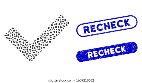 Mosaic OK and corroded stamp seals with Recheck text. Mosaic vector OK is composed with random ellipse items. Recheck seals use blue color, and have round rectangle shape.