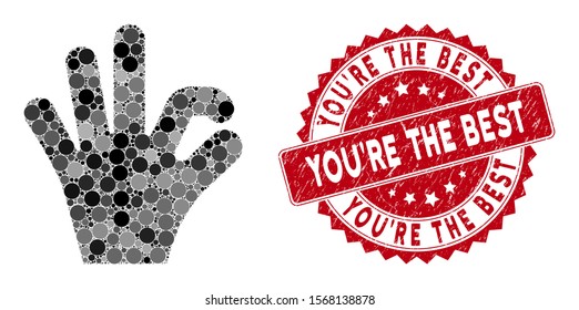 Mosaic OK gesture and rubber stamp seal with You'Re the Best caption. Mosaic vector is composed with OK gesture icon and with random round elements. You'Re the Best stamp seal uses red color,