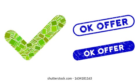 Mosaic OK and grunge stamp seals with OK Offer phrase. Mosaic vector OK is created with randomized rectangle items. OK Offer stamp seals use blue color, and have round rectangle shape.