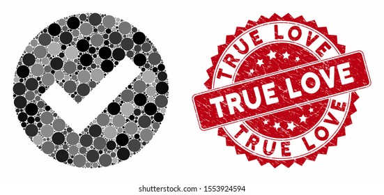 Mosaic OK and grunge stamp watermark with True Love caption. Mosaic vector is composed with OK icon and with random spheric items. True Love stamp uses red color, and grunge texture.