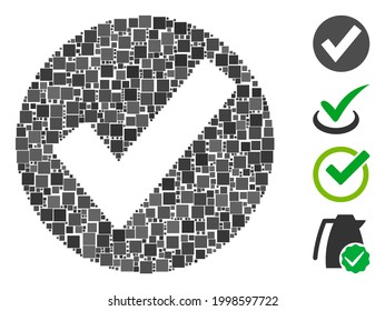 Mosaic OK mark icon united from square items in random sizes and color hues. Vector square items are grouped into abstract mosaic OK mark icon. Bonus icons are added.