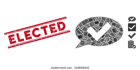 Mosaic OK message pictogram and red Elected seal between double parallel lines. Flat vector OK message mosaic pictogram of randomized rotated rectangular items.