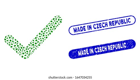 Sellos de sello Mosaic OK y corroídos con la frase Made in Czech Republic. El vector mosaico OK tic está diseñado con piezas ovales aleatorias. Los sellos de sello fabricados en la República Checa utilizan el color azul,