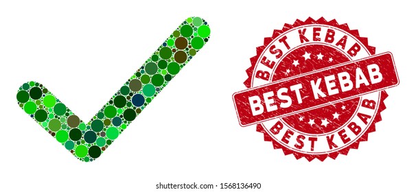Mosaic OK tick and distressed stamp watermark with Best Kebab caption. Mosaic vector is composed with OK tick icon and with randomized circle items. Best Kebab stamp uses red color,