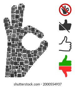 Icono de gesto de Mosaic Okay compuesto de elementos cuadrados en tamaños variables y tonos de color. Los elementos cuadrados vectoriales se componen en un icono de gesto de mosaico abstracto. Se añaden pictogramas bonificados.