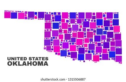 Mosaic Oklahoma State map isolated on a white background. Vector geographic abstraction in pink and violet colors. Mosaic of Oklahoma State map combined of scattered square elements.