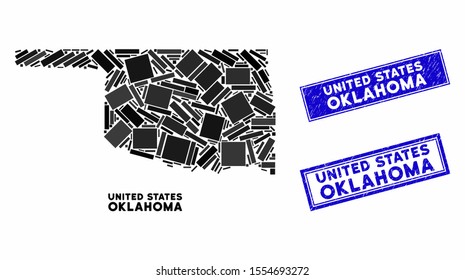 Mosaic Oklahoma State map and rectangle stamps. Flat vector Oklahoma State map mosaic of scattered rotated rectangle items. Blue caption stamps with dirty texture.