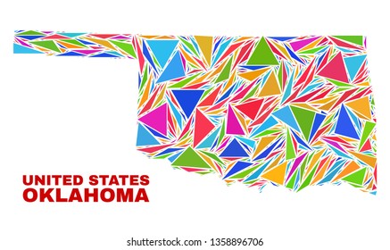 Mosaic Oklahoma State map of triangles in bright colors isolated on a white background. Triangular collage in shape of Oklahoma State map. Abstract design for patriotic illustrations.