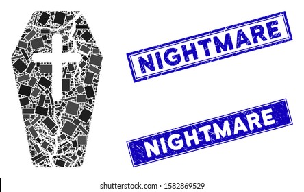 Mosaic old coffin icon and rectangle Nightmare seals. Flat vector old coffin mosaic icon of scattered rotated rectangle items. Blue Nightmare rubber seals with scratched texture.
