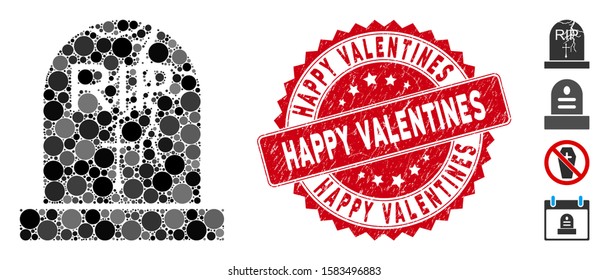 Mosaic old grave icon and corroded stamp seal with Happy Valentines caption. Mosaic vector is designed with old grave icon and with random spheric items. Happy Valentines stamp seal uses red color,