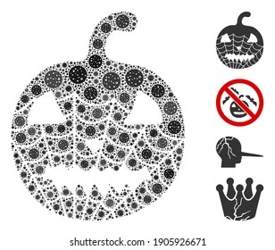 Mosaic old halloween pumpkin constructed from flu virus items in random sizes and color hues. Vector pathogen items are organized into abstract mosaic old halloween pumpkin icon.