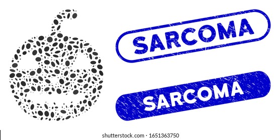 Mosaic old halloween pumpkin and grunge stamp seals with Sarcoma phrase. Mosaic vector old halloween pumpkin is created with scattered ellipse items. Sarcoma stamp seals use blue color,