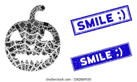 Mosaic old halloween pumpkin pictogram and rectangle Smile ;) stamps. Flat vector old halloween pumpkin mosaic pictogram of random rotated rectangular items. Blue Smile ;