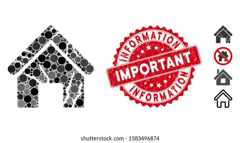 Mosaic old home icon and corroded stamp seal with Important Information caption. Mosaic vector is composed with old home icon and with random spheric elements.