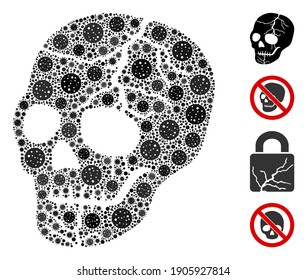 Mosaik alter Schädel, bestehend aus Grippevirus-Symbolen in verschiedenen Größen und Farbtönen. Vektorpathogensymbole werden in abstrakte Mosaik-Symbole für alten Schädel gruppiert. Es werden einige Bonussymbole hinzugefügt.