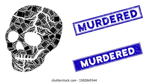 Mosaic old skull icon and rectangular Murdered watermarks. Flat vector old skull mosaic icon of randomized rotated rectangular items. Blue Murdered watermarks with dirty texture.