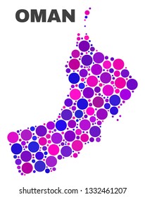 Mosaic Oman map isolated on a white background. Vector geographic abstraction in pink and violet colors. Mosaic of Oman map combined of scattered round items.