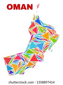 Mosaic Oman map of triangles in bright colors isolated on a white background. Triangular collage in shape of Oman map. Abstract design for patriotic decoration.