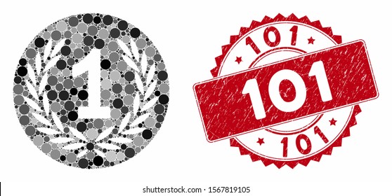 Mosaic one coin and distressed stamp seal with 101 phrase. Mosaic vector is composed with one coin icon and with scattered spheric elements. 101 stamp seal uses red color, and grunge surface.