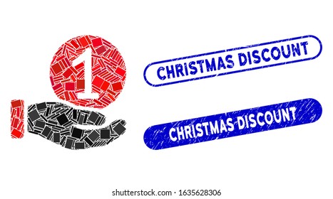 Mosaic one coin payment and distressed stamp seals with Christmas Discount text. Mosaic vector one coin payment is designed with scattered rectangle items.